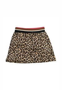 Leopardmuster-Rock mit ausgestellter Form, ausgestattet mit einem mehrfarbigen gestreiften Bund in Pink, Braun und Schwarz. Weicher Stoff.