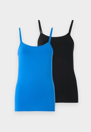 Cotton tank tops in blue and black. Both have thin straps and a fitted design. The blue top features a smooth texture, while the black top is solid.