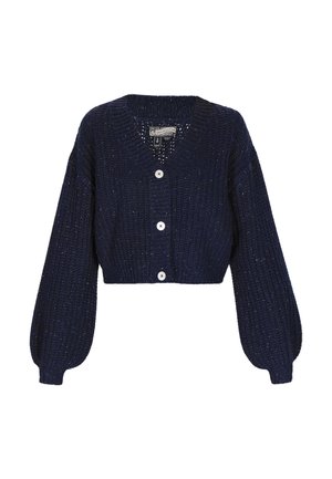 Marineblauer, verkürzter Strickcardigan mit drei weißen Knöpfen und langen Ballonärmeln, gerippter Struktur und V-Ausschnitt.