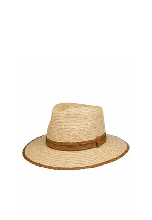 Wide-brimmed woven straw hat with a braided brown band and trim, designed for sun protection and casual wear.