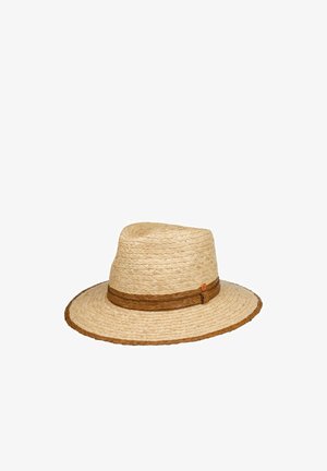 Wide-brimmed woven straw hat with a braided brown band and trim, designed for sun protection and casual wear.