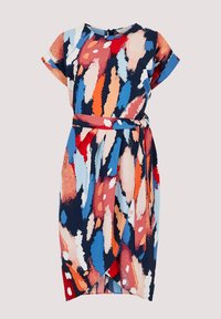 Mehrfarbiges knielanges Kleid in Marineblau, mit kräftigen Pinselstrichmustern in Rot, Orange und Blau; inklusive passendem Stoffgürtel.