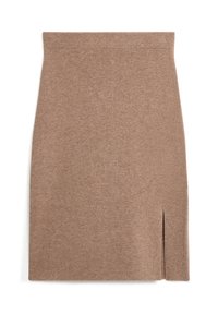 Brauner Strickrock mit enganliegender Silhouette, mittellangem Design und seitlichem Schlitz. Glatte Textur mit weicher Oberfläche.