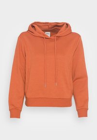 Kratká mikina v rezavé barvě vyrobená z měkké tkaniny, s kapucí na stahování, ribbenovými manžetami a hladkým povrchem.