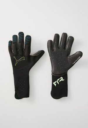 Svarte sportsvotter med teksturert grep, med et stilrent design, turkise striper på fingrene og en logo på baksiden. Slitesterkt materiale, lavprofil mansjetter.