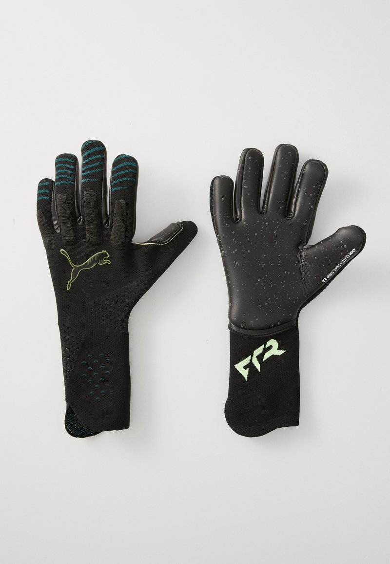 Gants de sport noirs avec grip texturé, arborant un design élégant, des rayures teal sur les doigts et un logo sur le dos. Matériau durable, poignets discrets.