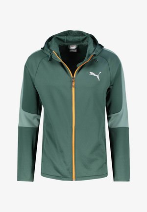Veste à capuche Puma verte avec des détails sur les manches vert clair et une fermeture éclair avant orange, présentée de face sur fond blanc.