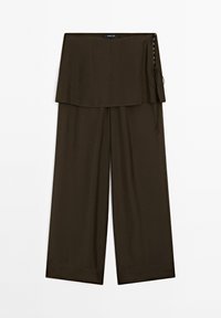 Pantalons à jambes larges en tissu lisse de couleur marron foncé, avec une partie supérieure superposée, des boutons sur les côtés et un détail de lien ajustable.