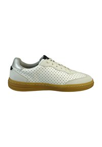Weiße perforierte Leder-Sneaker mit grauem Lederakzent und einer Gummisohle. Ausgestattet mit runden Schnürsenkeln und einem schwarzen Label an der Ferse.