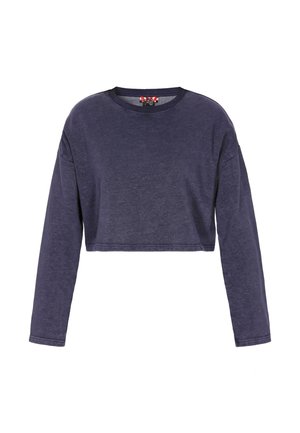 Zkrácený dlouhý rukáv top v tmavě námořnické modři, s kulatým výstřihem a volným střihem s padlými rameny. Hladká textura, bez vzorů.