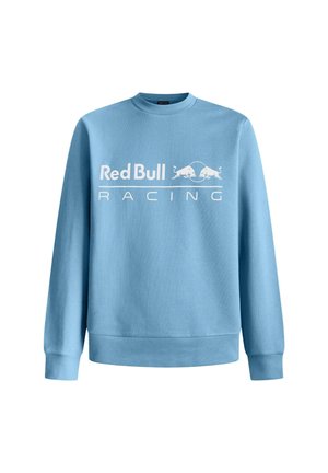 Helles blaues Sweatshirt mit Rundhalsausschnitt, langen Ärmeln und einem auffälligen weißen "Red Bull Racing"-Logo auf der Vorderseite. Weiches Material.