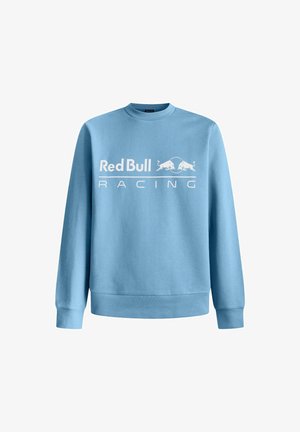 Helles blaues Sweatshirt mit Rundhalsausschnitt, langen Ärmeln und einem auffälligen weißen "Red Bull Racing"-Logo auf der Vorderseite. Weiches Material.