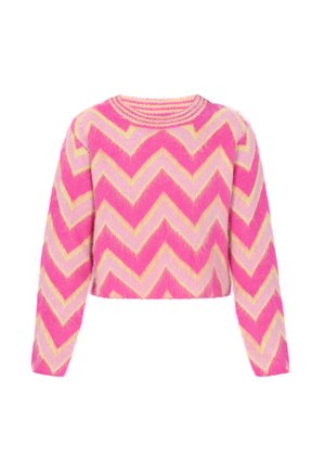 Lyserød og gul chevron-mønstret cropped sweater med lange ærmer og rund halsudskæring, lavet af et blødt og lækkert materiale.