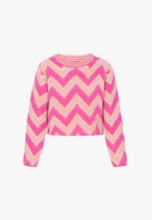 Roosa ja kollane chevron-mustriga lühikeste varrukatega kõrge kraega kampsun, mis on valmistatud pehmest ja tihedast materjalist.