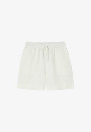 Cremefarbene Leinen-Shorts mit einem elastischen Bund und Kordelzug, locker sitzend und mit aufgerolltem Saum. Schlichtes Design, leichtes Material.