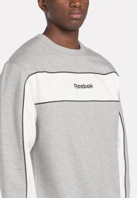 Jeune personne portant un sweatshirt gris Reebok avec un panneau blanc et des garnitures noires, coupé au niveau de la poitrine, faisant face à l'avant.