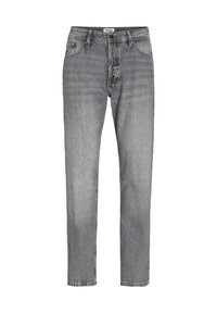 Jeans de denim gris de pierna recta con diseño clásico de cinco bolsillos y cierre de botón en la cintura.