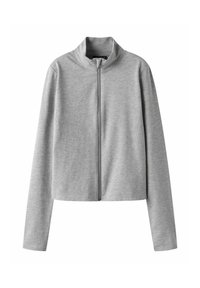 Veste zippée grise avec un col montant et des manches longues, fabriquée en tissu doux. Présente un design minimaliste et un ourlet droit.