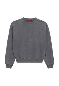 Grå sweatshirt med rund hals, ribbede manchetter og kant, blød tekstur og et lille mærke på den nederste side. Enkel, minimalistisk design.