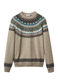 Pull en maille beige avec encolure ronde. Présente des motifs géométriques multicolores en vert foncé, bleu et noir sur le yoke et les poignets.