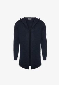 Marineblauwe vest met capuchon, voorzien van een getextureerd breipatroon, open voorkant, lange mouwen en een relaxte pasvorm. Geen zichtbare sluitingen of versieringen.