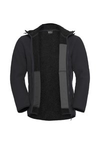Giacca in pile nera con dettagli grigi, esterno a coste, chiusura frontale con zip, due tasche laterali e interno morbido e texturizzato.