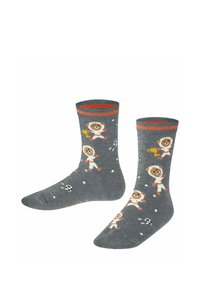 Graue Baumwollsocken mit einem verspielten Tierdesign, einem kontrastierenden orangen Bündchen, verstreuten Fußballmotiven und bunten Akzenten.