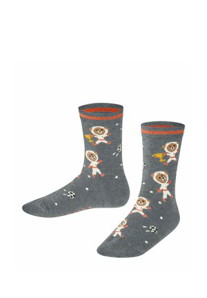 Graue Baumwollsocken mit einem verspielten Tierdesign, einem kontrastierenden orangen Bündchen, verstreuten Fußballmotiven und bunten Akzenten.