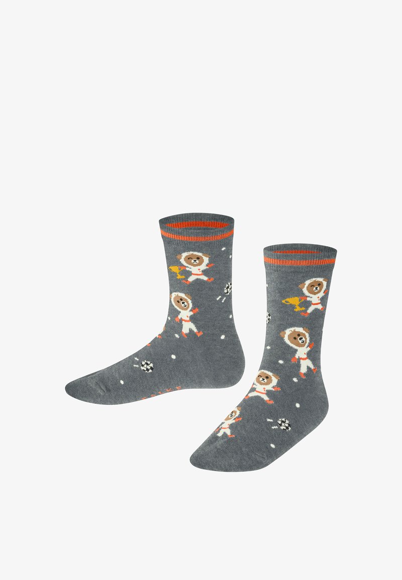 Graue Baumwollsocken mit einem verspielten Tierdesign, einem kontrastierenden orangen Bündchen, verstreuten Fußballmotiven und bunten Akzenten.