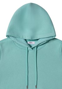 Felpa verde menta con cappuccio e coulisse, dotata di un'etichetta con logo al centro. Tessuto morbido con una texture liscia e design semplice.
