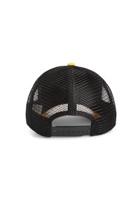 Black mesh trucker hat with a curved brim, adjustable plastic strap at the back, and a yellow button accent on top.