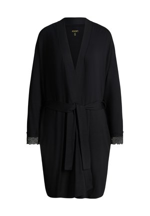 Černý župan po kolena s dlouhými rukávy, páskem v pase a krajkovým lemováním na manžetách, velikost střední, značka JOOP!