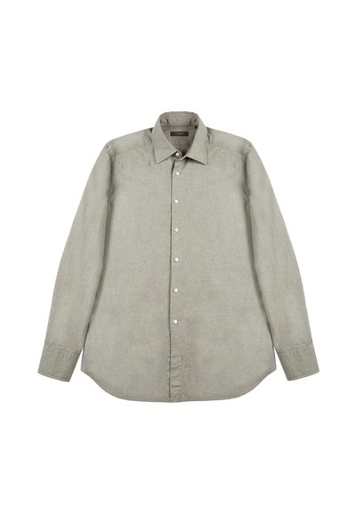 Lichtgrijs longsleeve shirt van linnen, met een puntige kraag, knoopsluiting aan de voorkant en een gebogen zoom. Geweven stof met een gladde afwerking.