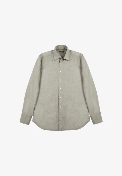 Camicia a maniche lunghe grigia chiara in lino, con colletto a punta, chiusura con bottoni e orlo curvo. Tessuto strutturato con una finitura liscia.