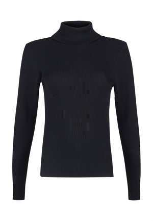 Black ribbed long-sleeve turtleneck sweater with fitted silhouette and high neckline.