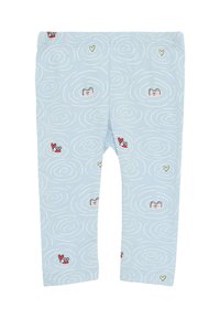 Lichtblauwe leggings van zacht materiaal hebben een spiraalpatroon met kleine illustraties van kikkers, harten en schelpen in rood en geel.