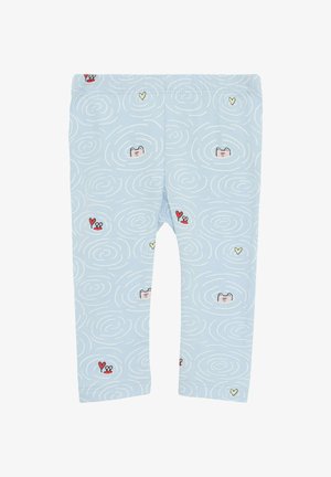 Jasnoniebieskie legginsy z miękkiego materiału mają wzór w spirale z małymi ilustracjami żab, serc i muszelek w odcieniach czerwieni i żółci.