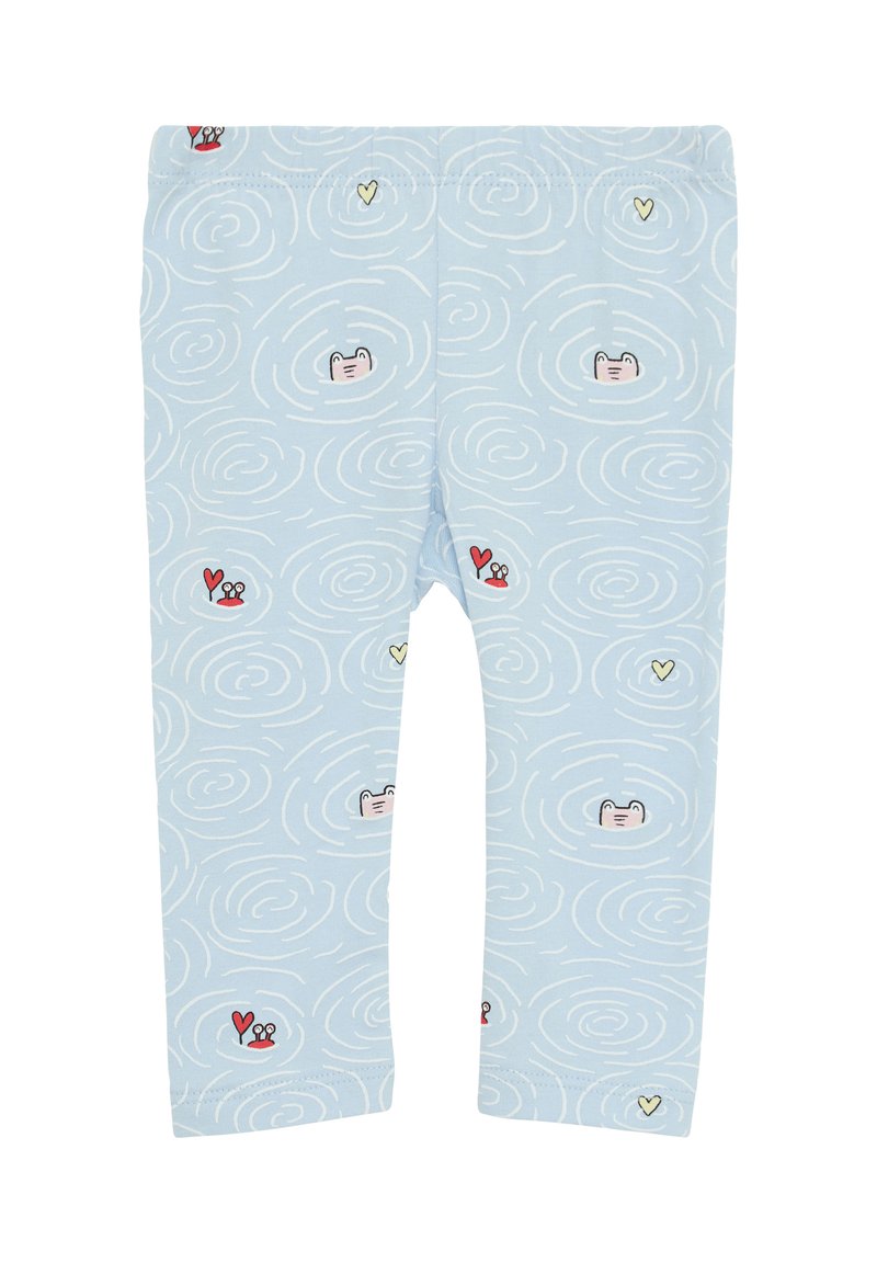Lichtblauwe leggings van zacht materiaal hebben een spiraalpatroon met kleine illustraties van kikkers, harten en schelpen in rood en geel.