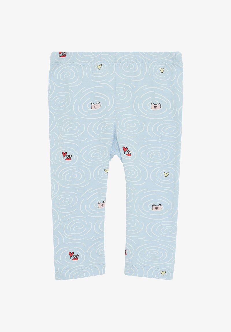 Lichtblauwe leggings van zacht materiaal hebben een spiraalpatroon met kleine illustraties van kikkers, harten en schelpen in rood en geel.