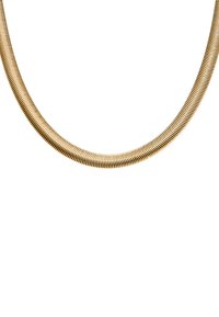 Guldtonet slangesmykke med et glat, fleksibelt design og en subtil glans, der har tæt vævede segmenter for tekstur.