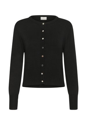 Cardigan en tricot noir avec un col rond, des manches longues et un bouton-avant. Présente des boutons en métal argenté le long de la patte de boutonnage.