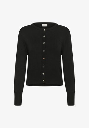 Black knitted cardigan with a round neckline, long sleeves, and button-front closure. Features silver-tone buttons along the placket.