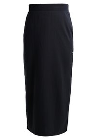 Svart blyertskjol med vertikala ränder, slät textur, elastisk midja, knälång, skräddarsydd passform, har sidofickor.