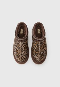 Par van bruine UGG-slippers met luipaardprint, pluche voering en decoratieve stiksels, van bovenaf bekeken op een witte achtergrond.