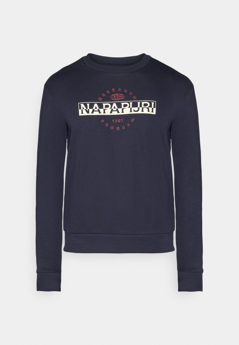 Sweat-shirt bleu marine à col rond avec manches longues, poignets et ourlet côtelés, arborant le logo "NAPAPIJRI" et un texte circulaire rouge sur la poitrine.