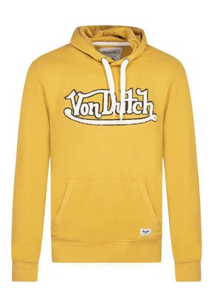 Gul bomulds hoodie med en frontlomme, snoretræk til hætten og broderet "Von Dutch" logo i sort og hvidt. Glat tekstur.