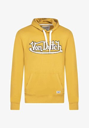Hoodie en coton jaune avec une poche frontale, capuche à cordons et logo "Von Dutch" brodé en noir et blanc. Texture lisse.