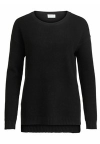 Schwarzer gestreifter Strickpullover mit langen Ärmeln, rundem Ausschnitt und einem leicht längeren Rückensaum. Weicher Stoff mit minimalen Details.
