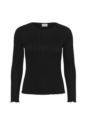 Zwarte geribbelde longsleeve top met een ronde halslijn en gegolfde zoomranden, gemaakt van een rekbaar materiaal voor een aansluitende pasvorm.