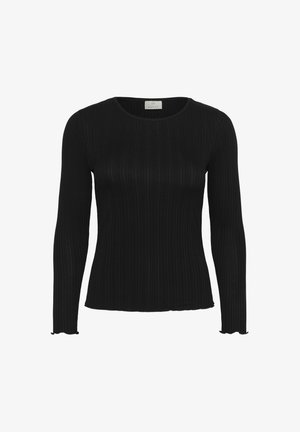 Schwarzes, geripptes Langarmoberteil mit rundem Halsausschnitt und gewellten Saumkanten, aus einem dehnbaren Material für eine figurbetonte Passform.